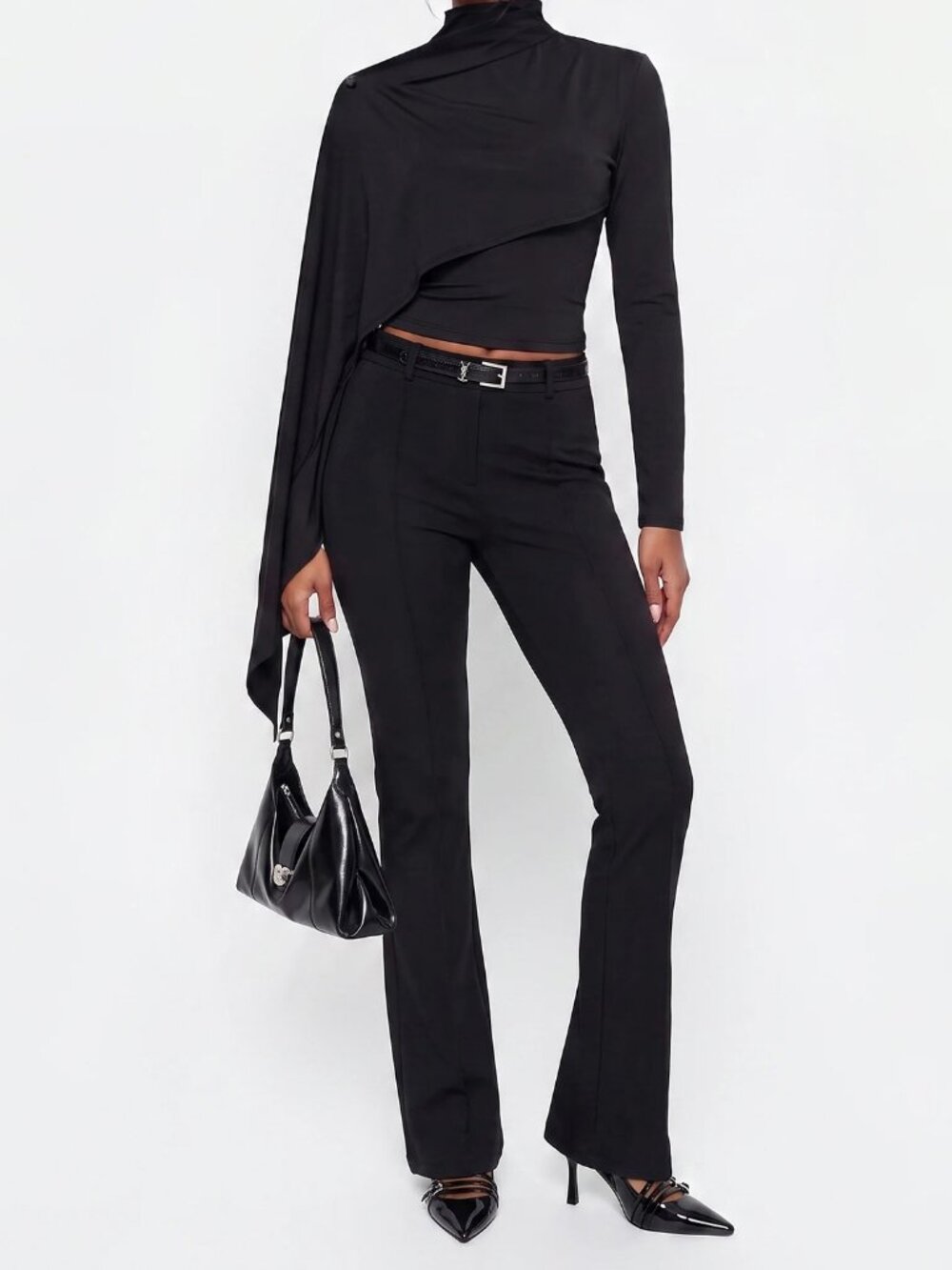Black Casual Women's High Neck Slim Fit Long Sleeve Top - Picture 3 of 6